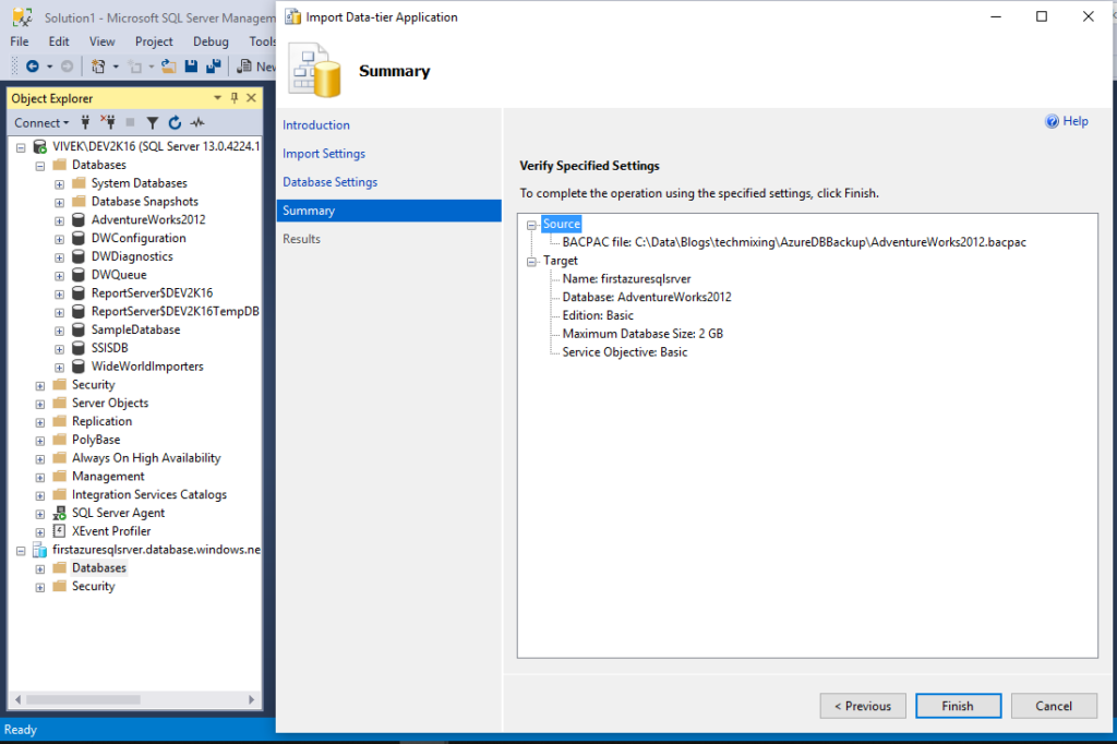 Summary Page for verify settings