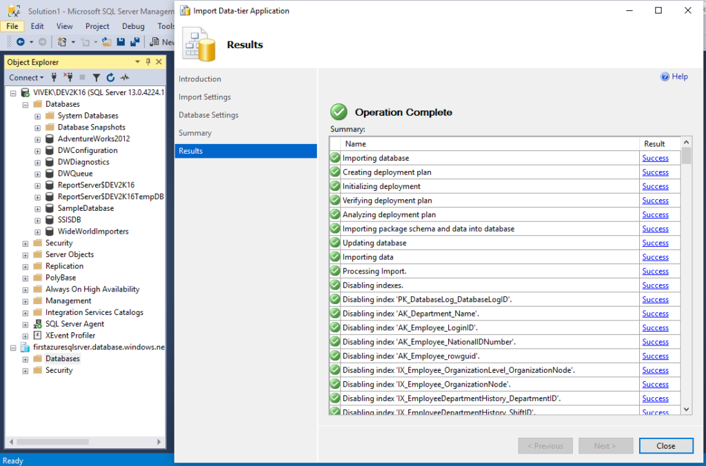 Result Page - Importing Database process successfully completed 