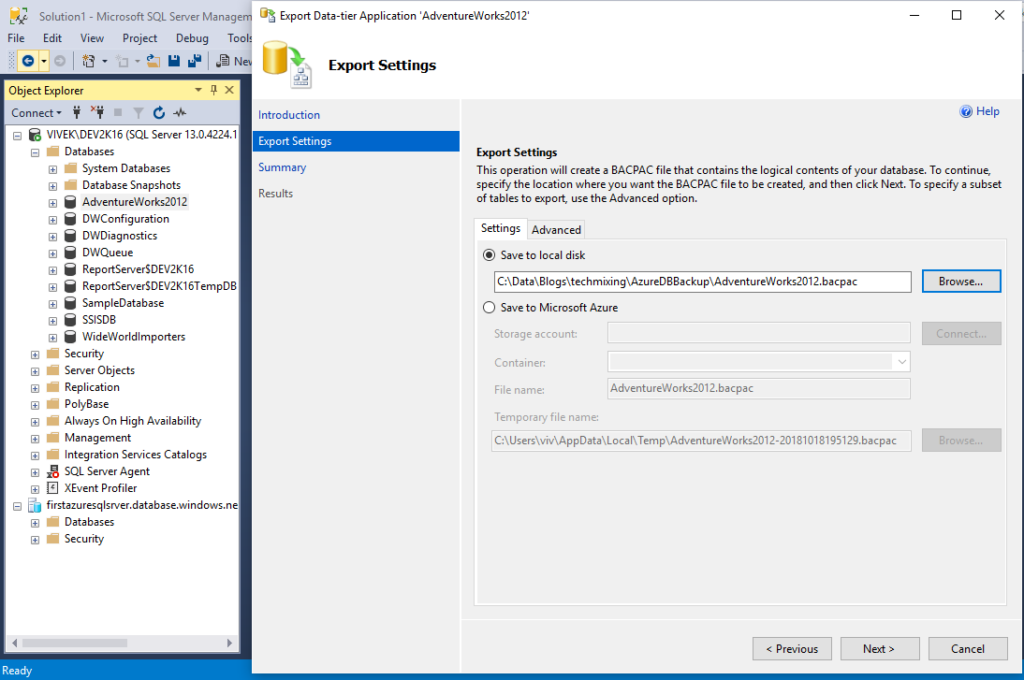 Select the .bacpac file location